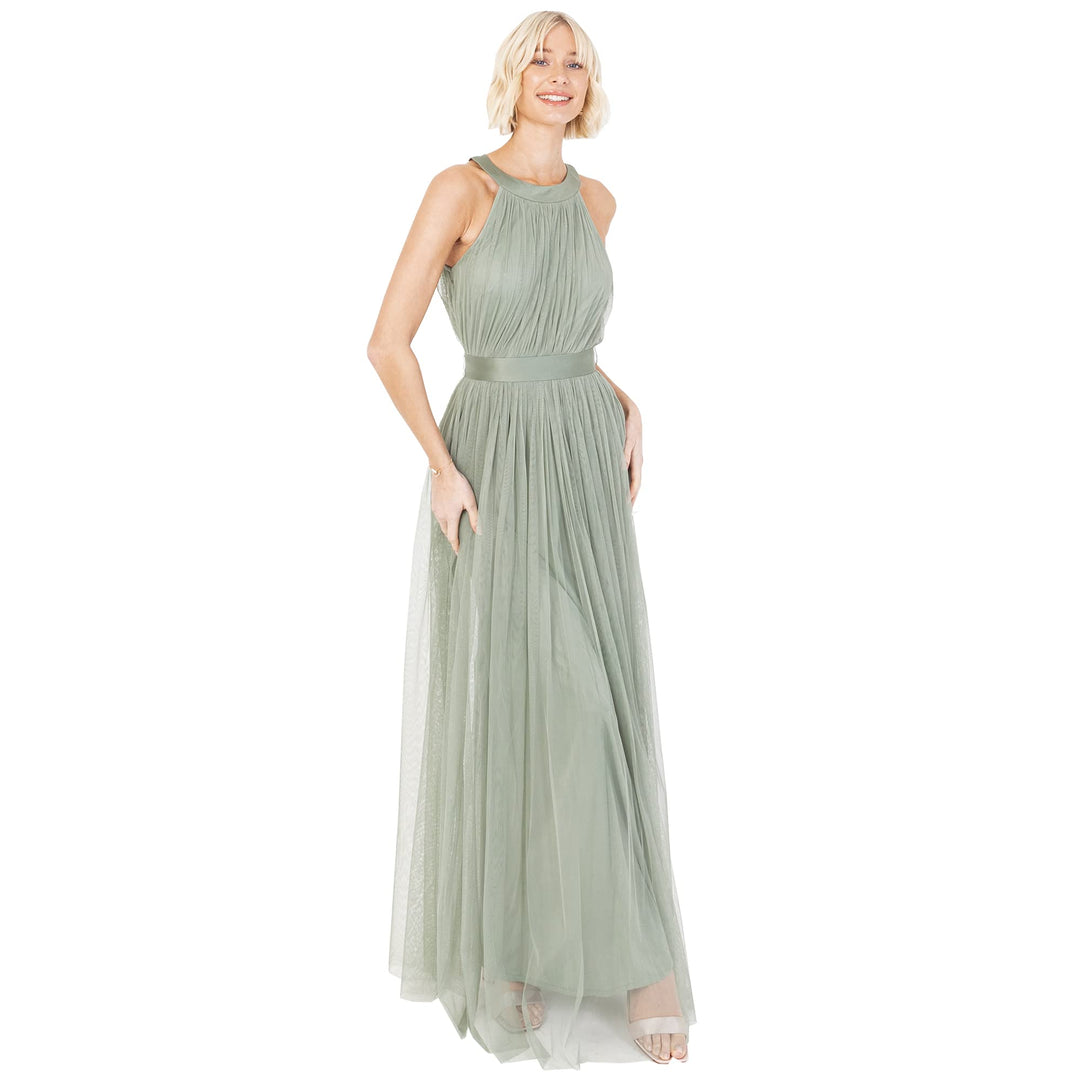 Ladies Maxi Dress for Women Halter Neck Long Sleeveless with Belt A Line Evening Gown Ball Prom Wedd