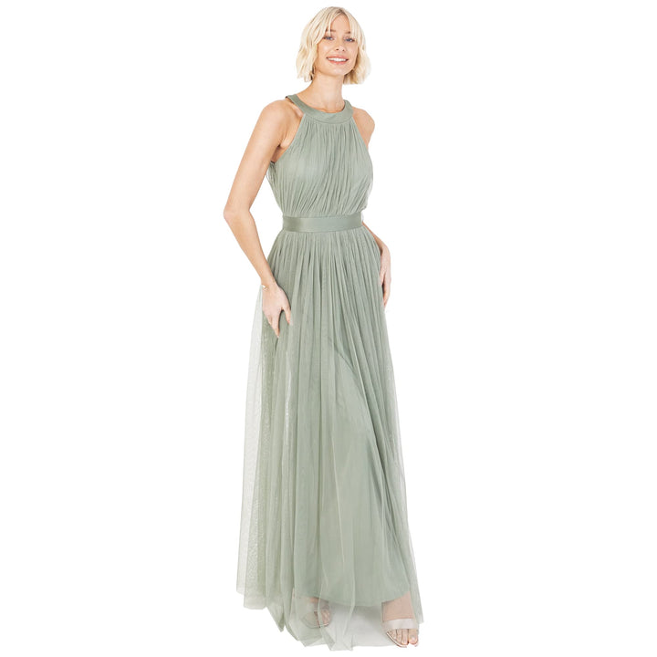 Ladies Maxi Dress for Women Halter Neck Long Sleeveless with Belt A Line Evening Gown Ball Prom Wedd