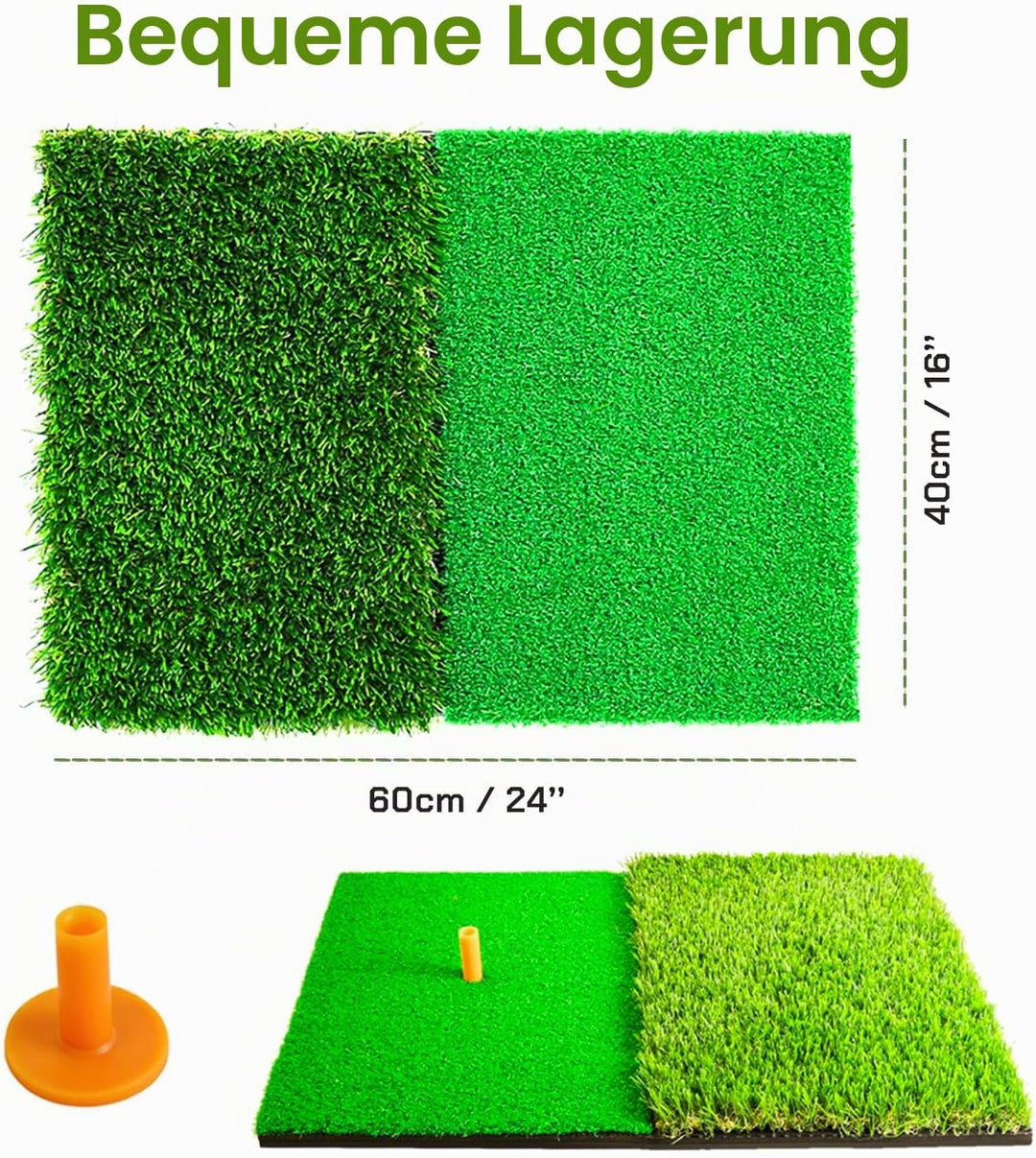 Faltbare Golfschlägermatte mit 2 Rasen, 60 x 40 cm, mit T-Stück für drinnen und draussen
