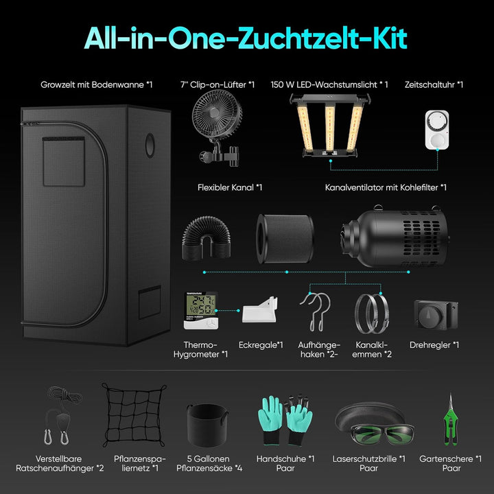 Growzelt Komplettset mit M1500 LED Vollspektrum Grow Lampe 80x80x160cm Grow Tent 4" 215 CFM 3000RPM