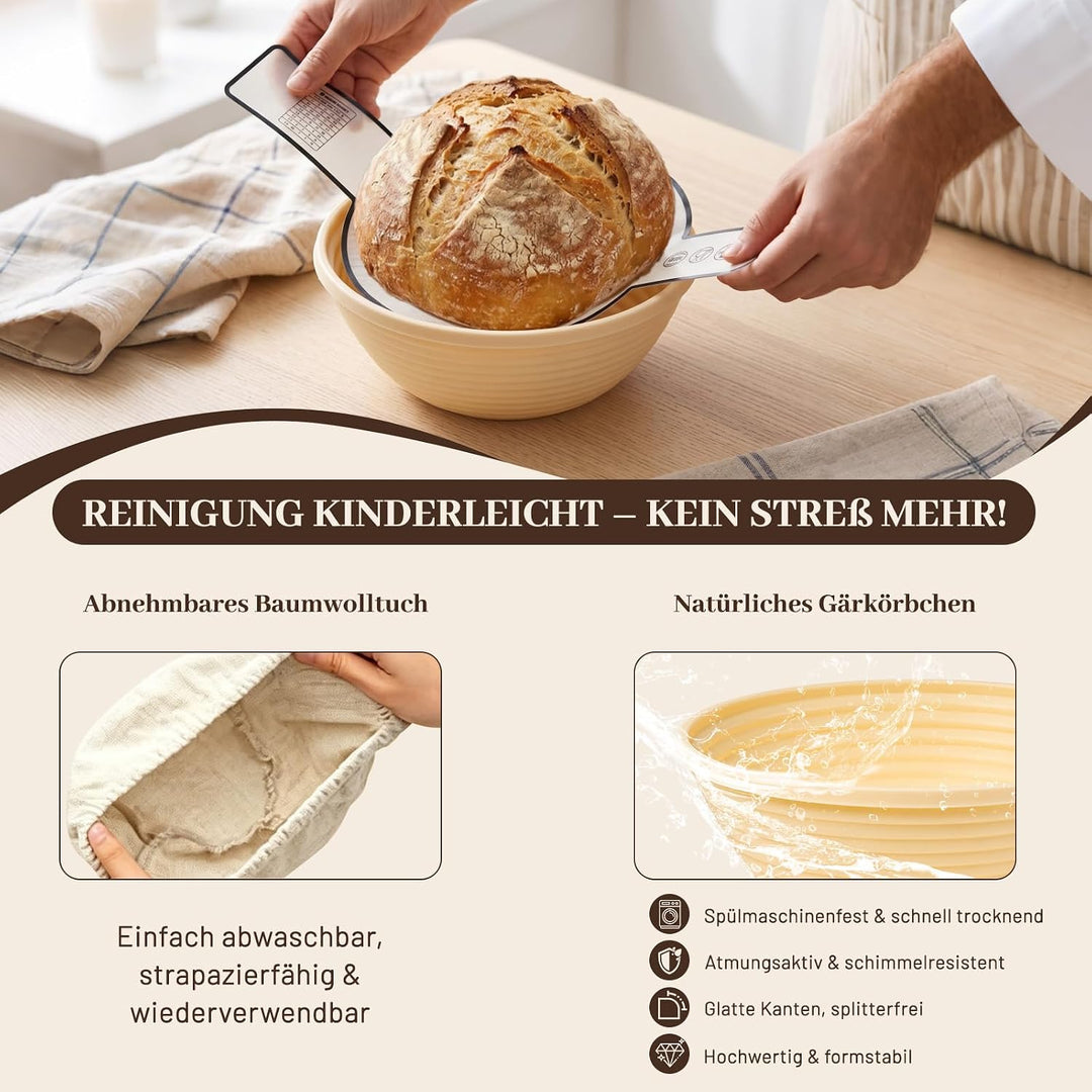 Dhapy Sauerteig Starter Set 12-tlg faltbares Silikon-Gärkörbchen | Brotbackset für Anfänger: rund 23