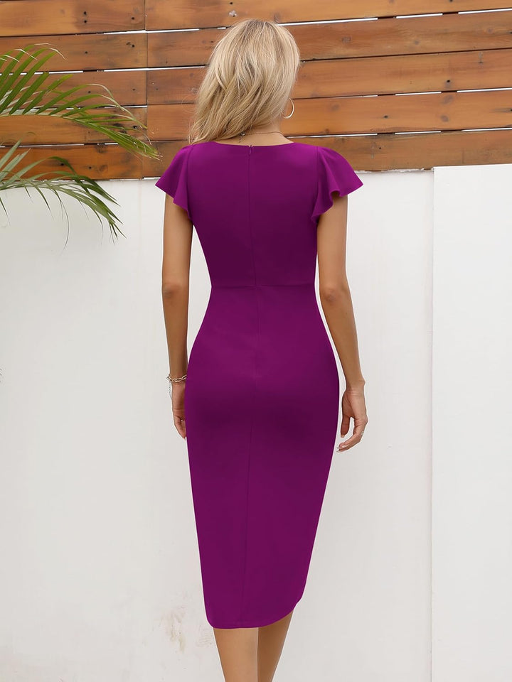 Missufe Damen Cocktailkleid Wickelkleid Partykleid Midikleid Elegant Bodycon Kleider, Lila XS