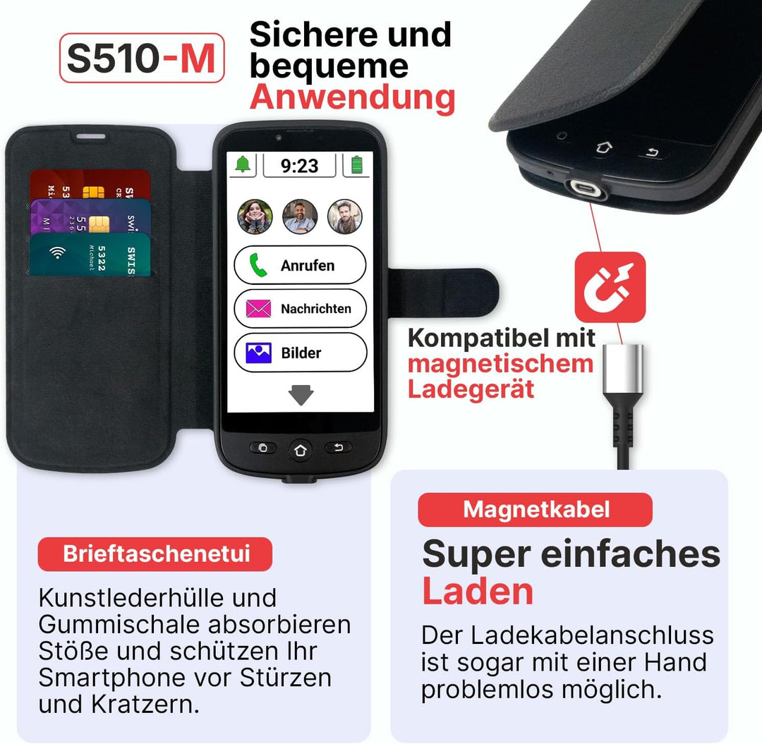 swissvoice - Smartphone S510-M + Magnetisches Ladekabel + Schutzhülle mit Kartenfach - Einfach zu be