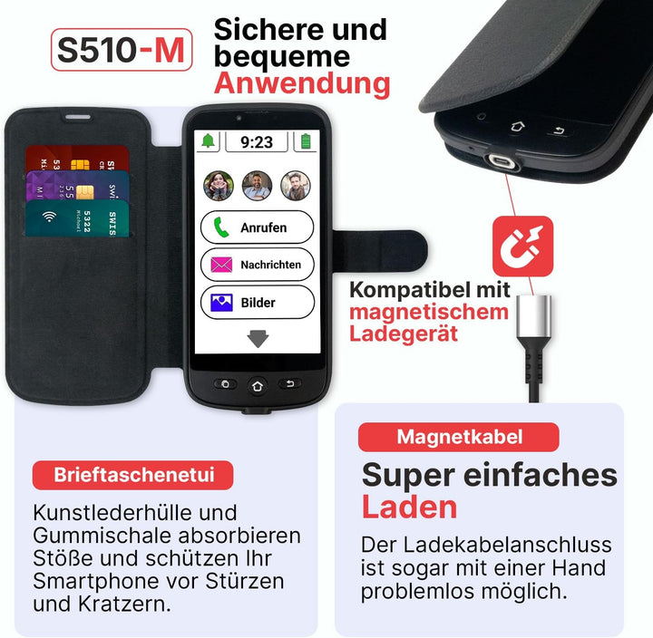 swissvoice - Smartphone S510-M + Magnetisches Ladekabel + Schutzhülle mit Kartenfach - Einfach zu be