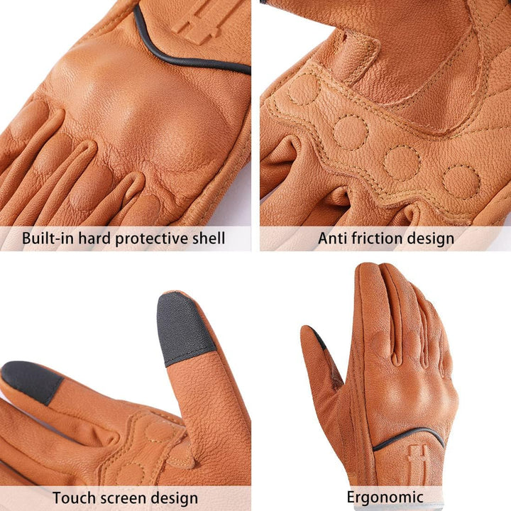 Harssidanzar Herren Vollfinger Ziegenleder Leder Touchscreen Motorradhandschuhe GM028E, M Br&#xE4;un