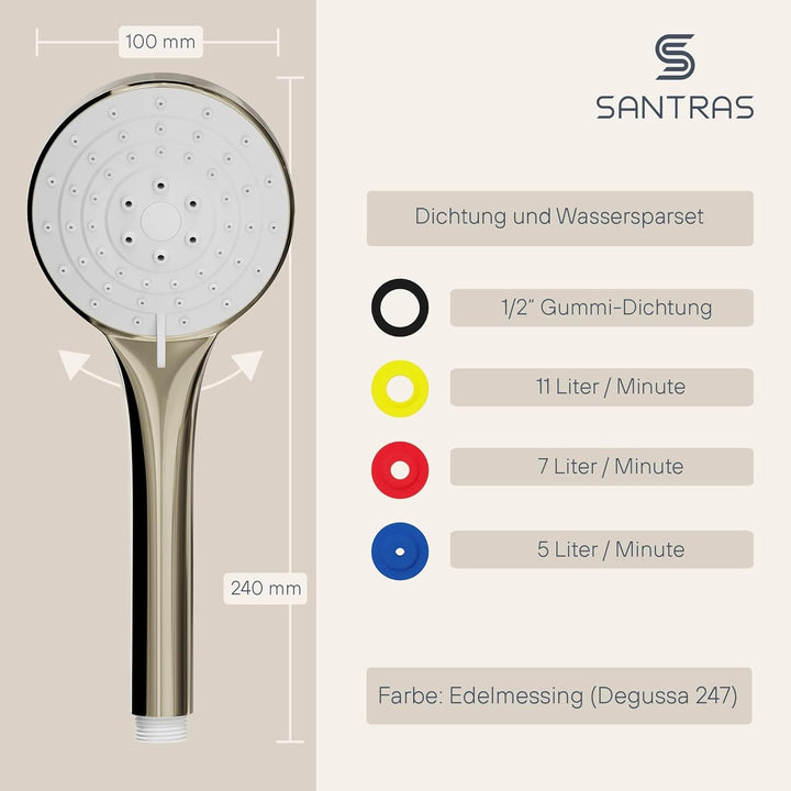 SANTRAS® Handbrause mit dreifach verstellbaren Duschkopf in Edelmessing Edelmessing Dreifach verstel