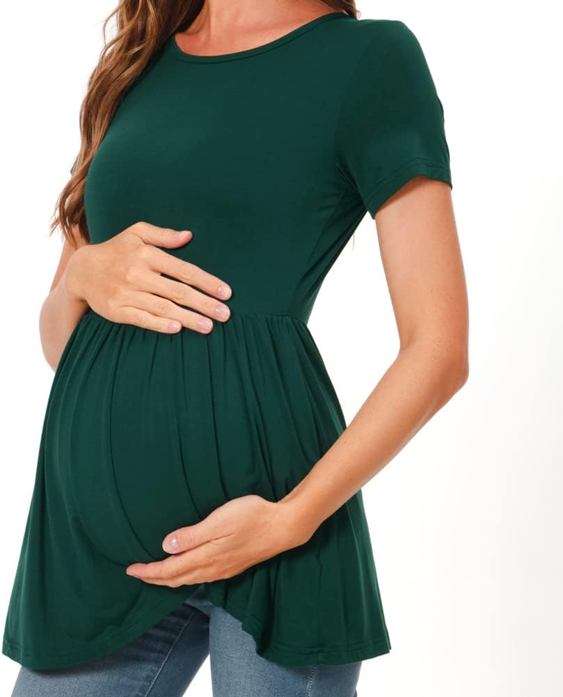 Bearsland Maternity Tops Short Sleeve Scoop Neck Breastfeeding T-Shirt Pregnancy Clothes S Grün & He