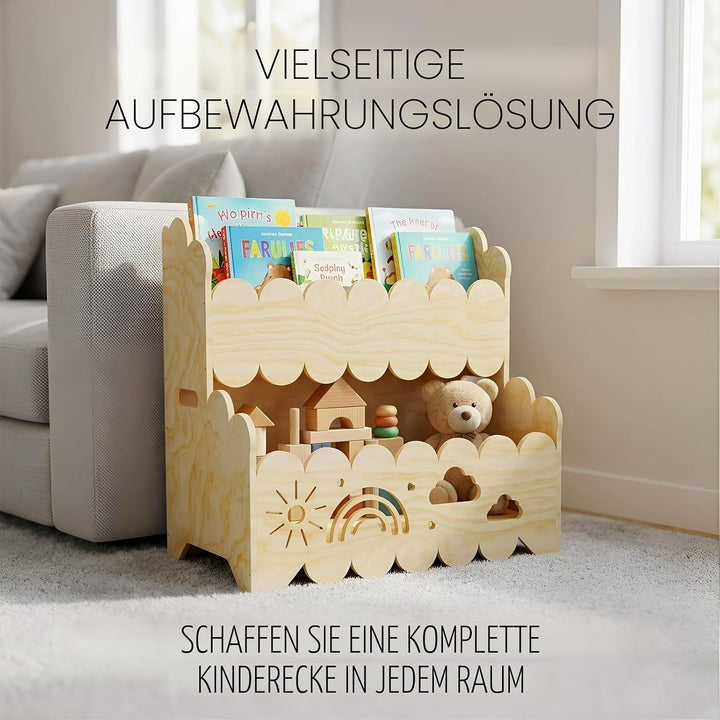 Kinder Bücherregal Holz, 2-Stöckiges Kinderbücherregal Montessori-Bücherregal Bücherkiste Kinder Wol