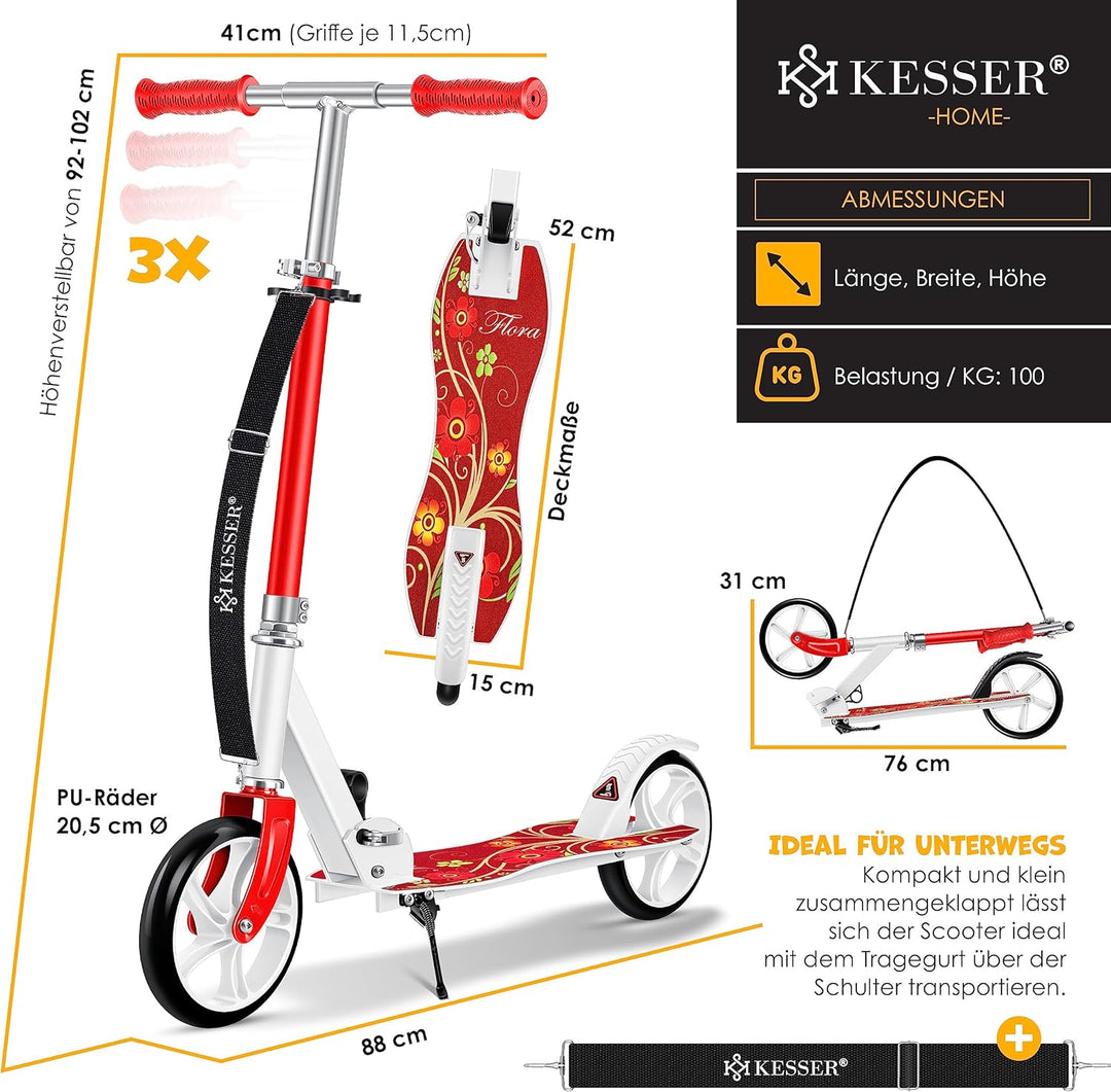 KESSER® Scooter Roller Kinderroller Cityroller Tretroller Kickroller Kickscooter Flora (Red), Flora