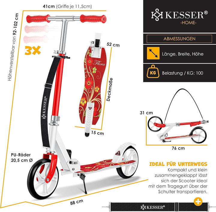 KESSER® Scooter Roller Kinderroller Cityroller Tretroller Kickroller Kickscooter Flora (Red), Flora