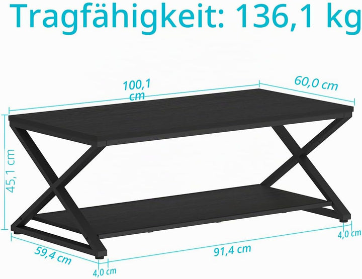HSH Couchtisch Holz Schwarze Wohnzimmertisch mit Ablagen Moderner Sofatisch mit Stauraum Stabiler Ka