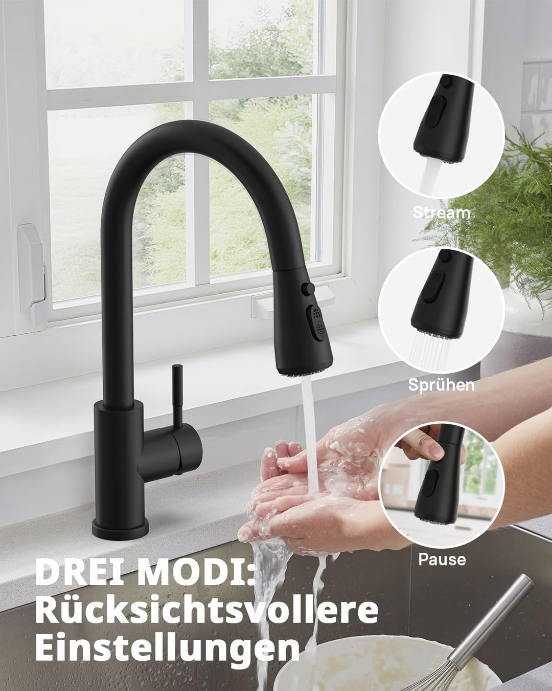 Küchenarmatur, Ausziehbarer Wasserhahn mit Edelstahl-Sprühbrause und 3 Sprühfunktionen, 360° schwenk
