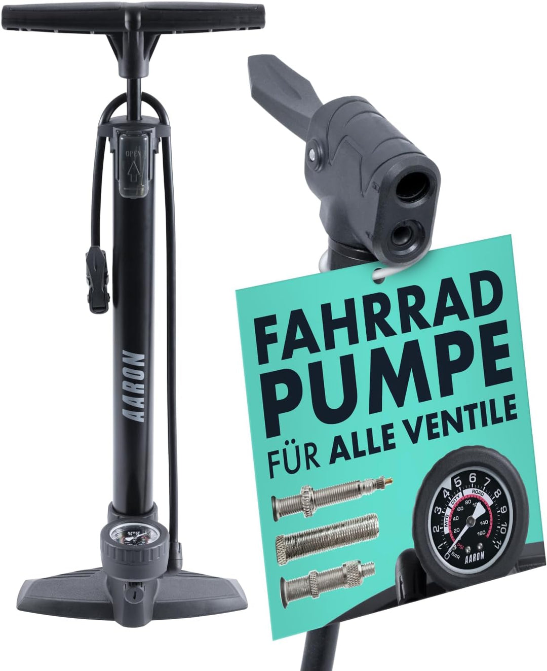 AARON AIR Fahrrad Standpumpe mit Manometer für alle Ventile, Hochdruck Fahrradpumpe Rennrad, Luftpum