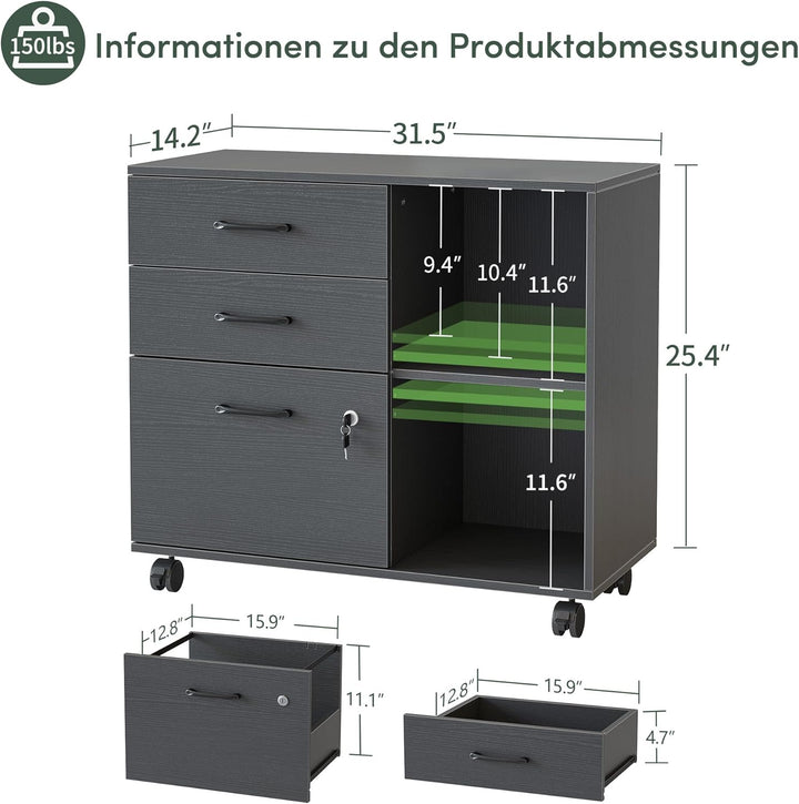 FEZIBO 3-Schubladen-Mobiler Aktenschrank, Seitenschrank mit Schloss, Druckerständer mit offenen Abla