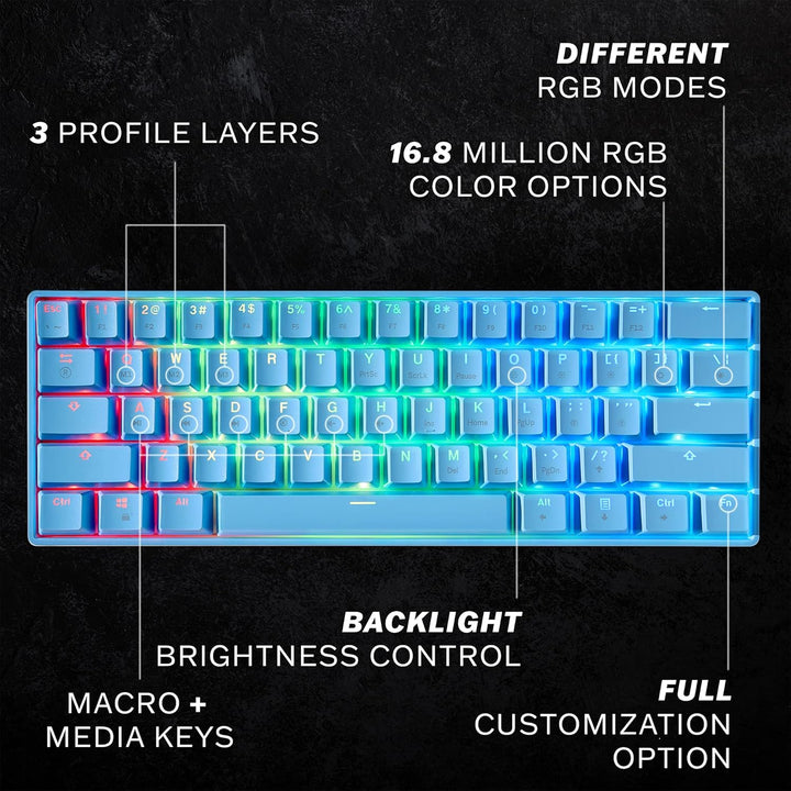 HK Gaming GK61 mechanische 60 Prozent Tastatur | 61 programmierbare Tasten mit RGB Beleuchtung | Kom