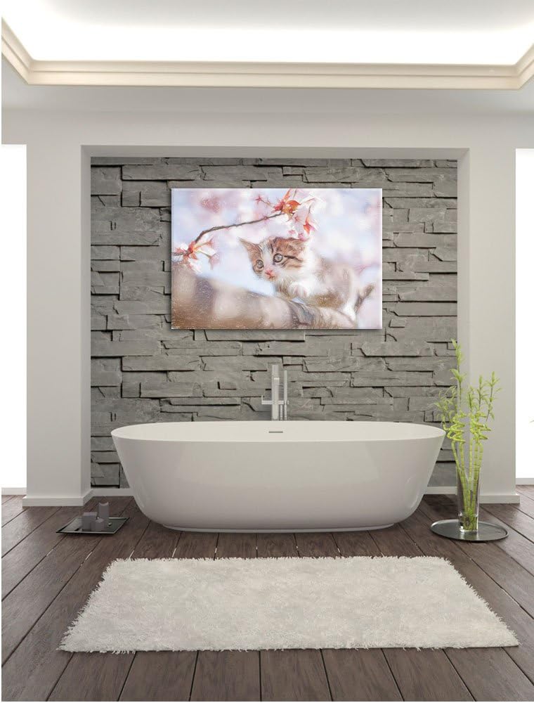 Pixxprint Süsses Kätzchen im Kirschbaum Kunst Buntstift Effekt, Format: 100x70 auf Leinwand, XXL rie