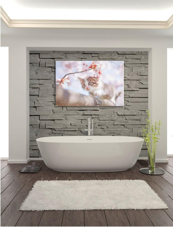 Pixxprint Süsses Kätzchen im Kirschbaum Kunst Buntstift Effekt, Format: 100x70 auf Leinwand, XXL rie