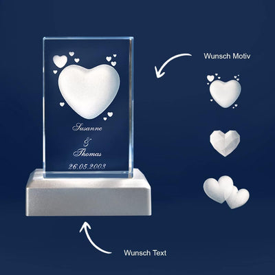 LOOXIS Personalisierte 3D Herz-Gravur im Glas – versch. Motive, Namen, Wunsch-Text – Geschenk-Idee z