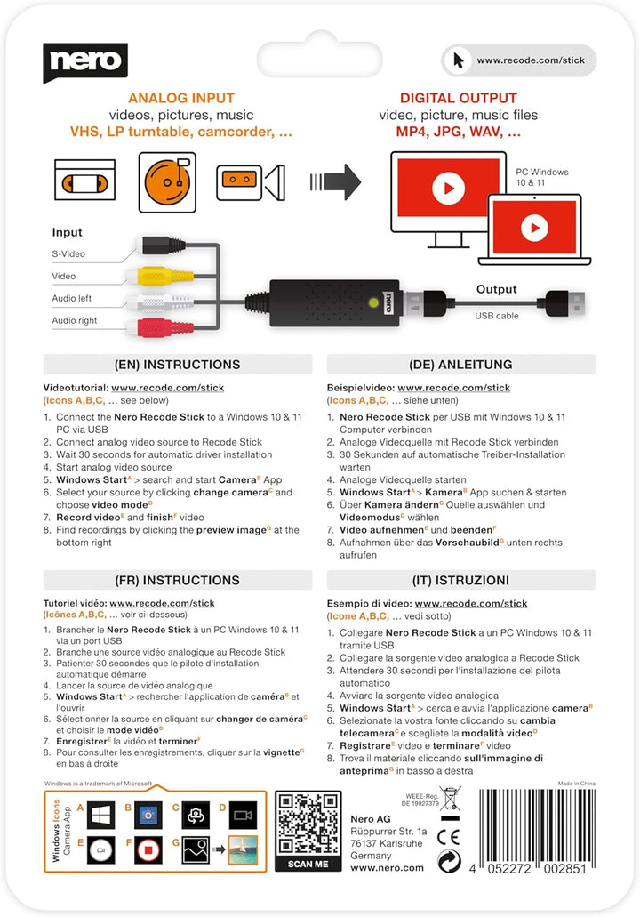 Nero VHS zu USB Video Grabber Recode Stick inkl. Videobearbeitungssoftware | Videoschnitt | Videokas