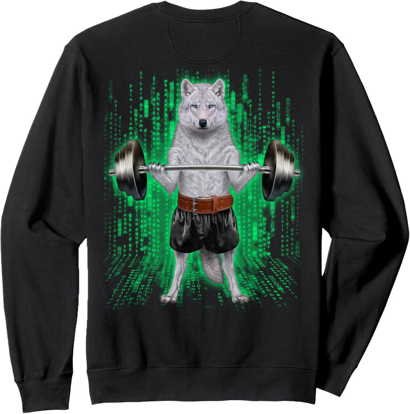 Arktischer Wolf, der Gewichte im Cyber-Fitnessstudio hebt Sweatshirt