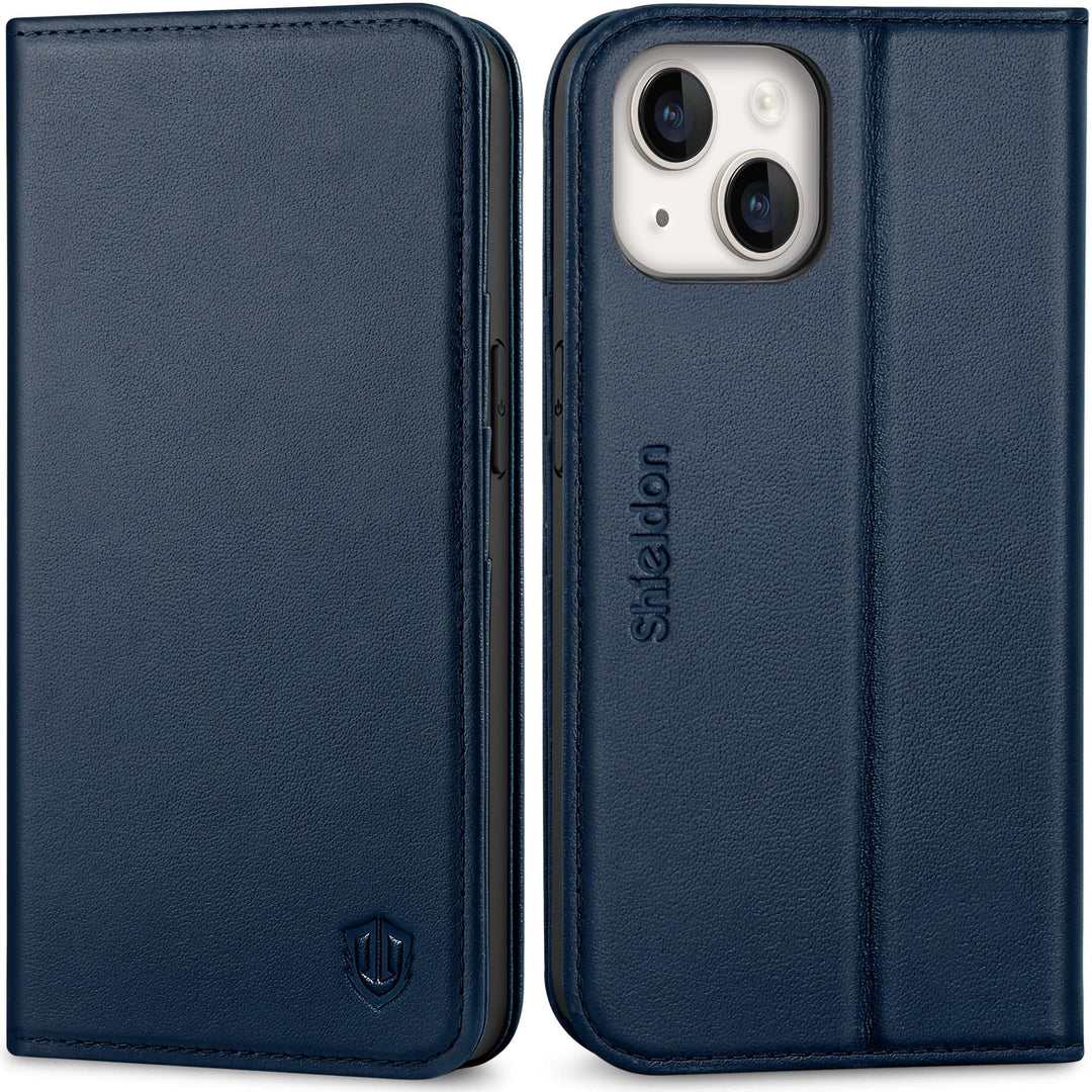 SHIELDON Hülle für iPhone 14 5G, Stossfeste Schuzhülle [Echtleder] [Kartenfach] [Verdicht TPU], Magn