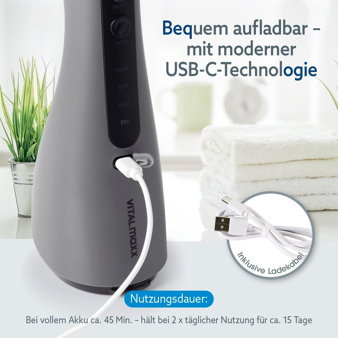 VITALmaxx Munddusche | elektrische Zahndusche - 8 Aufsätze, Wassertank | Zahnreiniger kabellos mit T