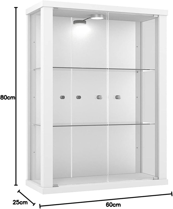 K-Möbel Hängevitrine in Weiss (80x60x25 cm) mit 2 höhenverstellbaren Glasböden, Spiegel & LED - Mode