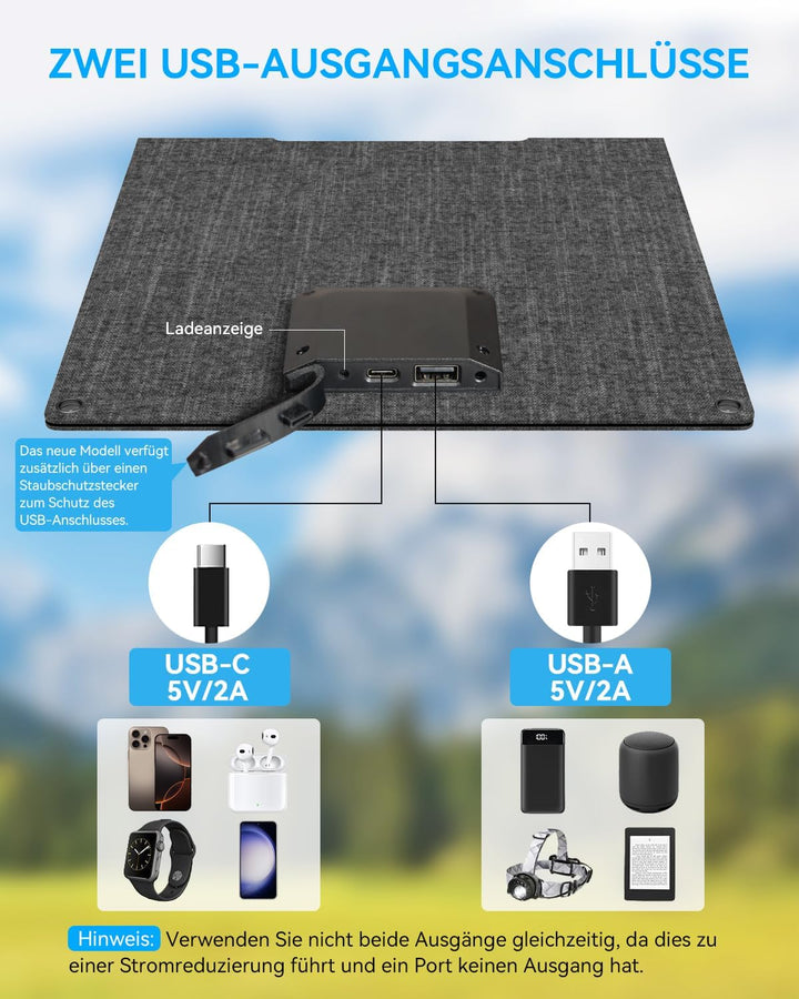 Ecosonique 15W Solar Ladegerät für Handy, IP67 Wasserdicht Faltbar Solarpanel für Handy,mit USB-A/US