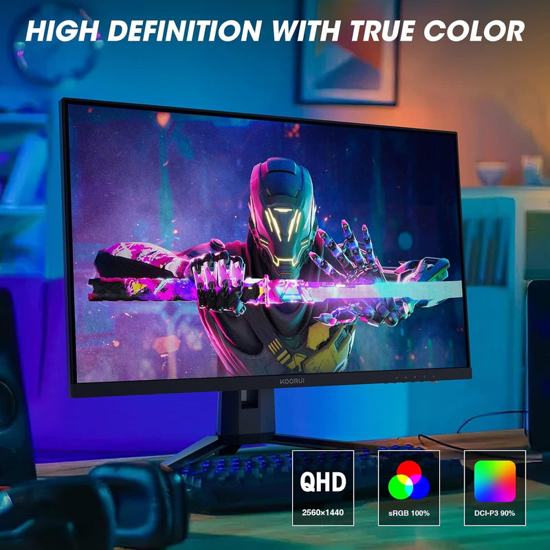 KOORUI 27 Zoll QHD Gaming Monitor 144 Hz, 1ms, DCI-P3 90% Farbumfangs, Adaptive Sync, (2560x1440, HD