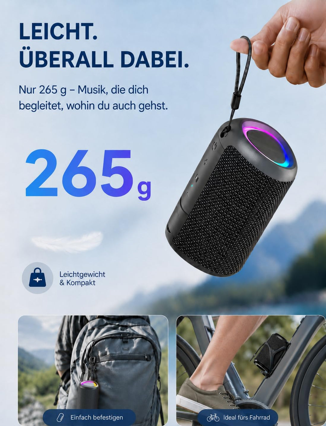 Bluetooth Lautsprecher Kleine Musikbox Bluetooth 5.3 15W mit TWS Modus RGB Lichtern 30 Meter Reichwe