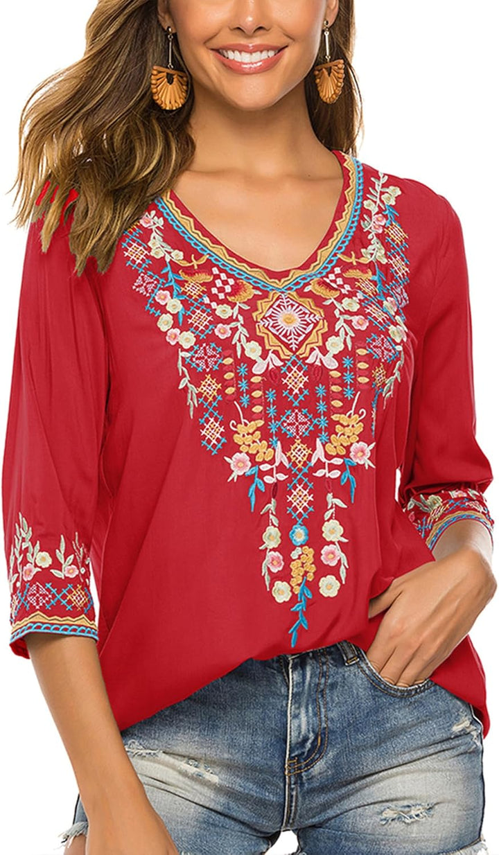 Hippie Kleidung Damen Bohemian Folklore Stickerei Bluse 3/4 äRmel V Ausschnitt Tunika Sommer LäSsige