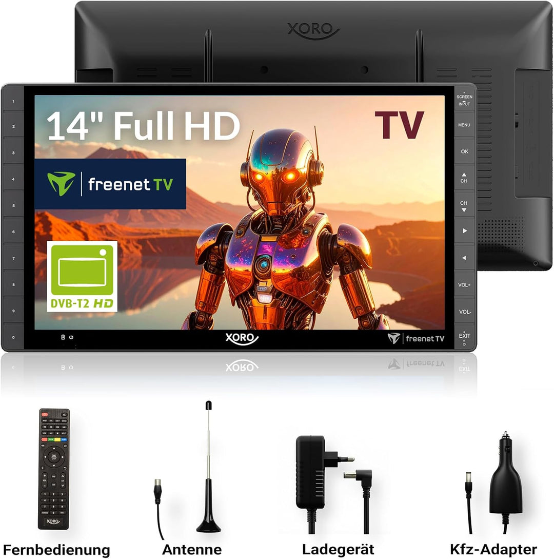 Xoro PTL 1450 V2 35,5 cm (14 Zoll) Tragbarer DVB-T/T2 Fernseher (freenet TV für Private Sender, 12-2