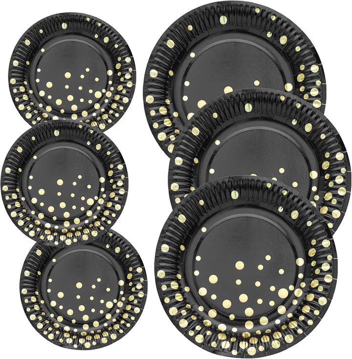 HNH Partyteller Pappteller 50er Set Schwarz mit Goldfolie Gepunktet 23cm Papierteller mit 18cm Desse
