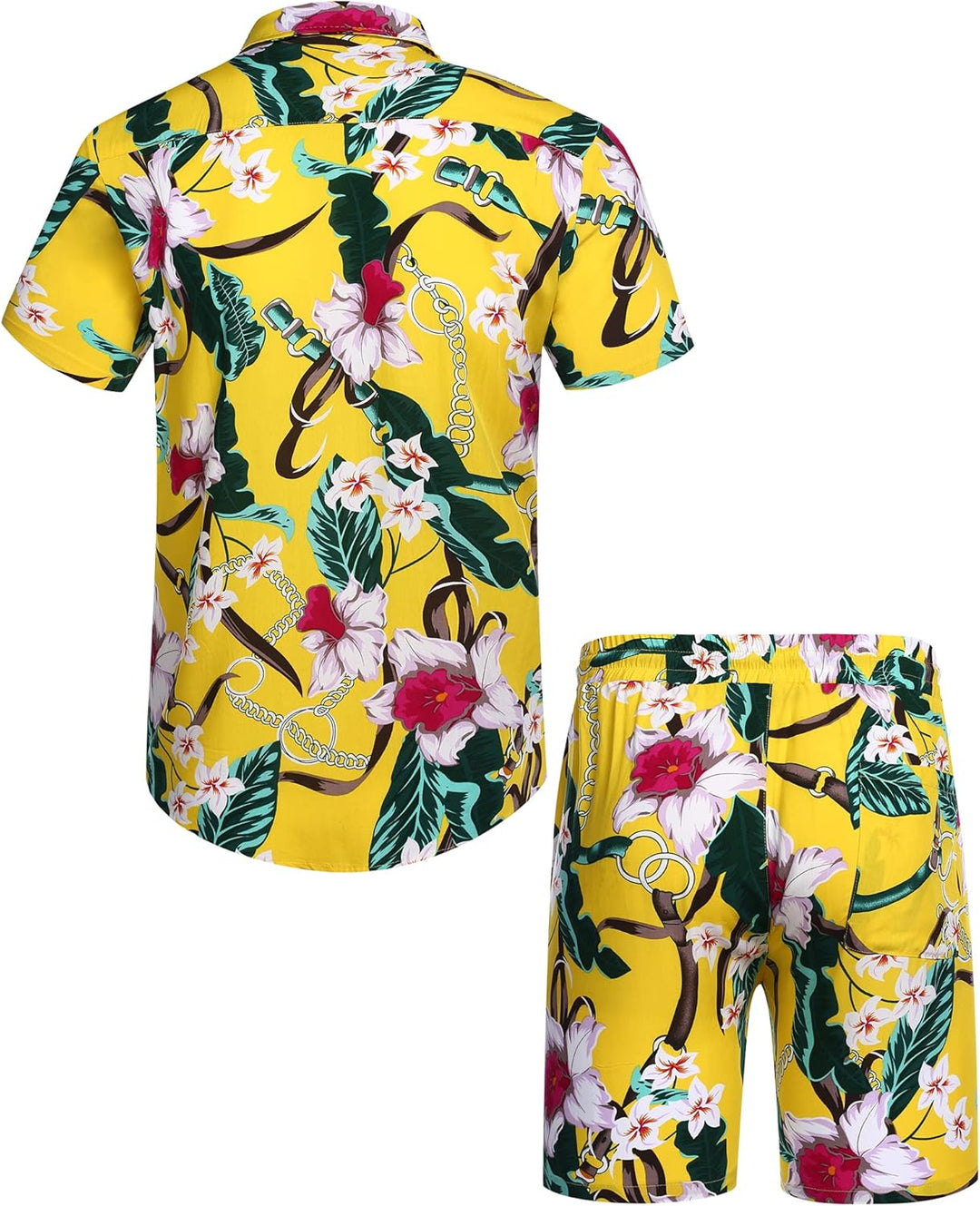 COOFANDY Herren Hemd Kurzarm Sommerhemd Floral Hawaiihemd Flamingo Party Hemden und Shorts Set Stran