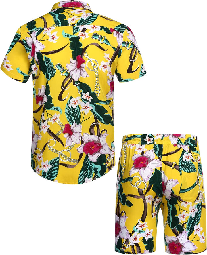 COOFANDY Herren Hemd Kurzarm Sommerhemd Floral Hawaiihemd Flamingo Party Hemden und Shorts Set Stran