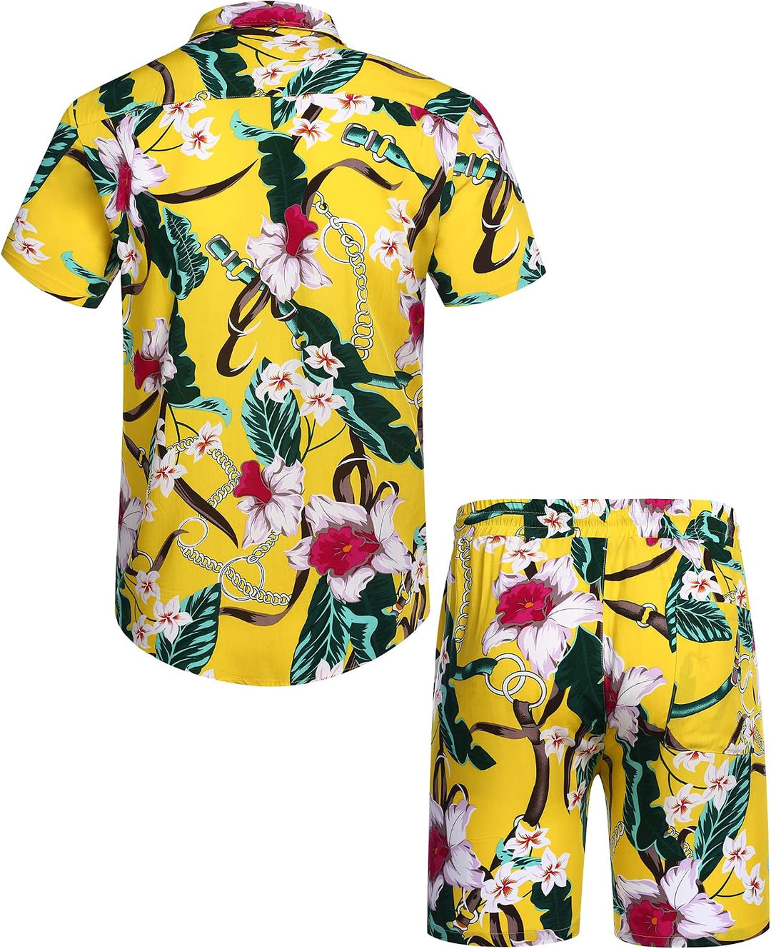 COOFANDY Herren Hemd Kurzarm Sommerhemd Floral Hawaiihemd Flamingo Party Hemden und Shorts Set Stran