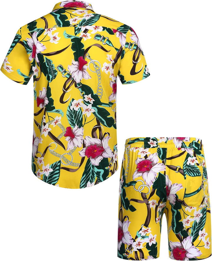 COOFANDY Herren Hemd Kurzarm Sommerhemd Floral Hawaiihemd Flamingo Party Hemden und Shorts Set Stran