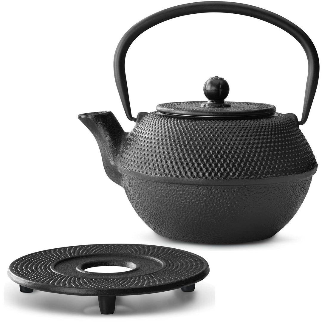 schwarze Asia Teekanne Gusseisen Set 1.1 Liter Teekessel mit Henkel &amp; Edelstahl Tee-Filter-Sieb-Eins