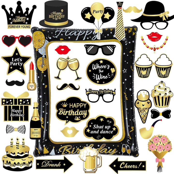 Geburtstag Aufblasbarer Bilderrahmen mit 35 PCS Foto Requisiten, Aufblasbarer Fotorahmen, Happy Birt