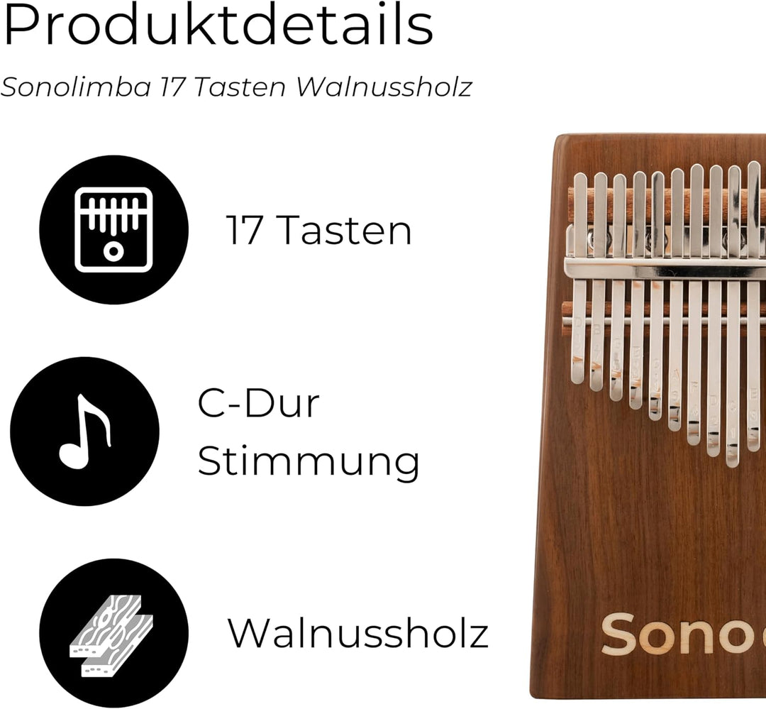 Kalimba "Sonolimba" mit 17 Schlüsseln in C - Dur aus Walnussholz - Daumenklavier inkl. Set mit Liede