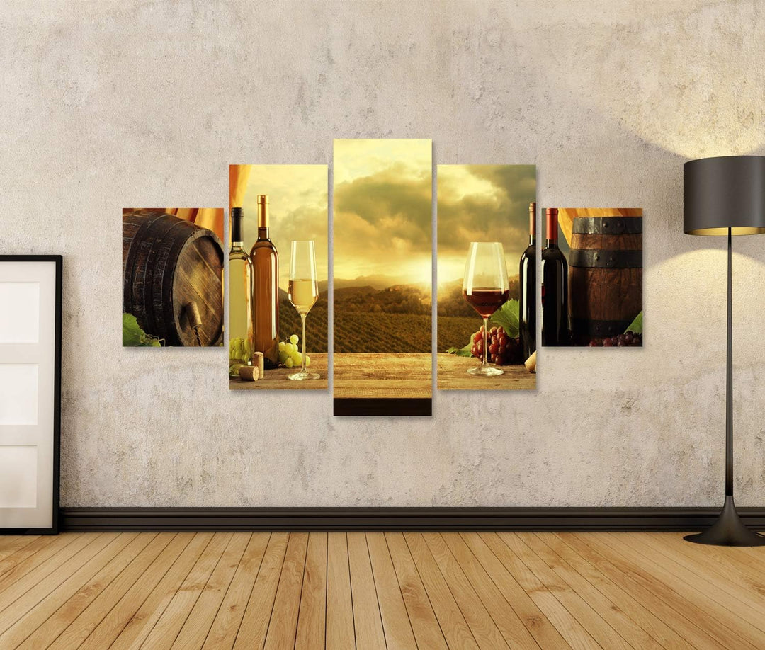 islandburner Bild auf Leinwand Weinflaschen Fässer Weinberg Sonnenuntergang Wandbild Poster Kunstdru