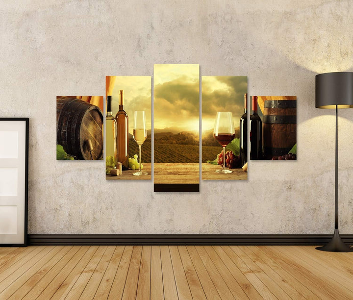 islandburner Bild auf Leinwand Weinflaschen Fässer Weinberg Sonnenuntergang Wandbild Poster Kunstdru