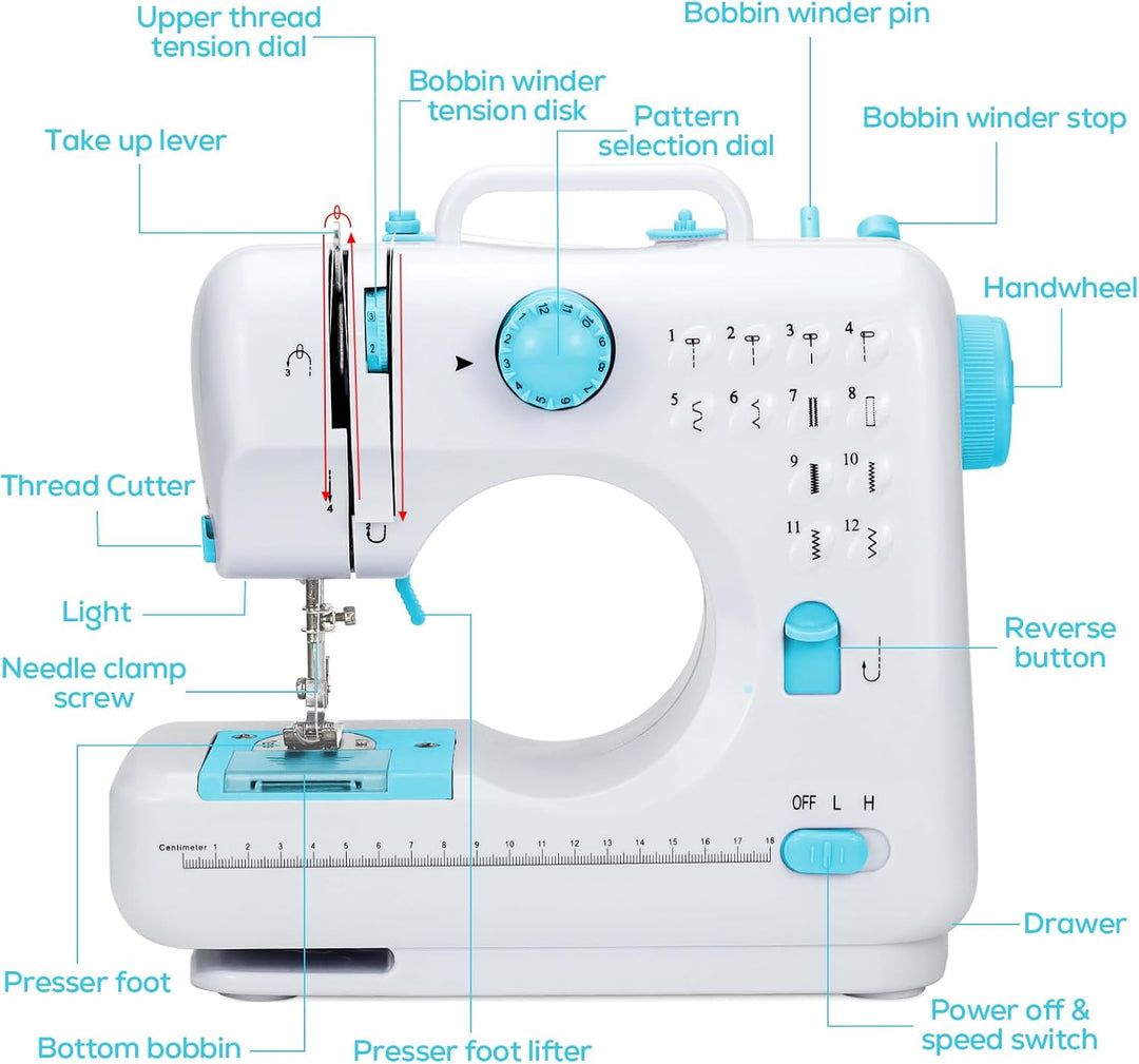 Elektrische Handnähmaschine für Anfänger DIY Werkzeug Geschenk, 12 automatische Nähmuster Geschwindi