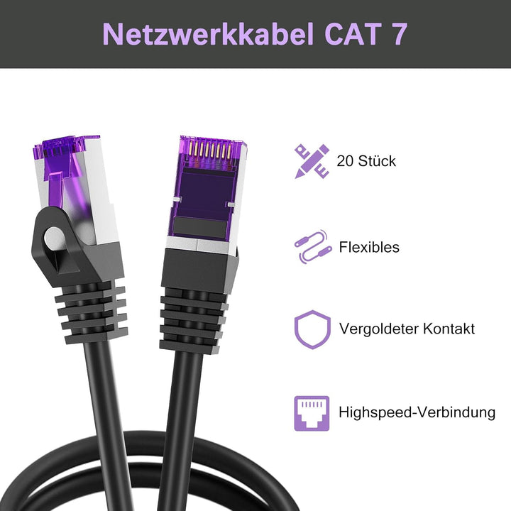 FGB 10Gbps Patchkabel 0,5m x20, RJ45 Netzwerkkabel CAT 7, (SFTP PIMF Schirmung) Kupfer Ethernet Kabe