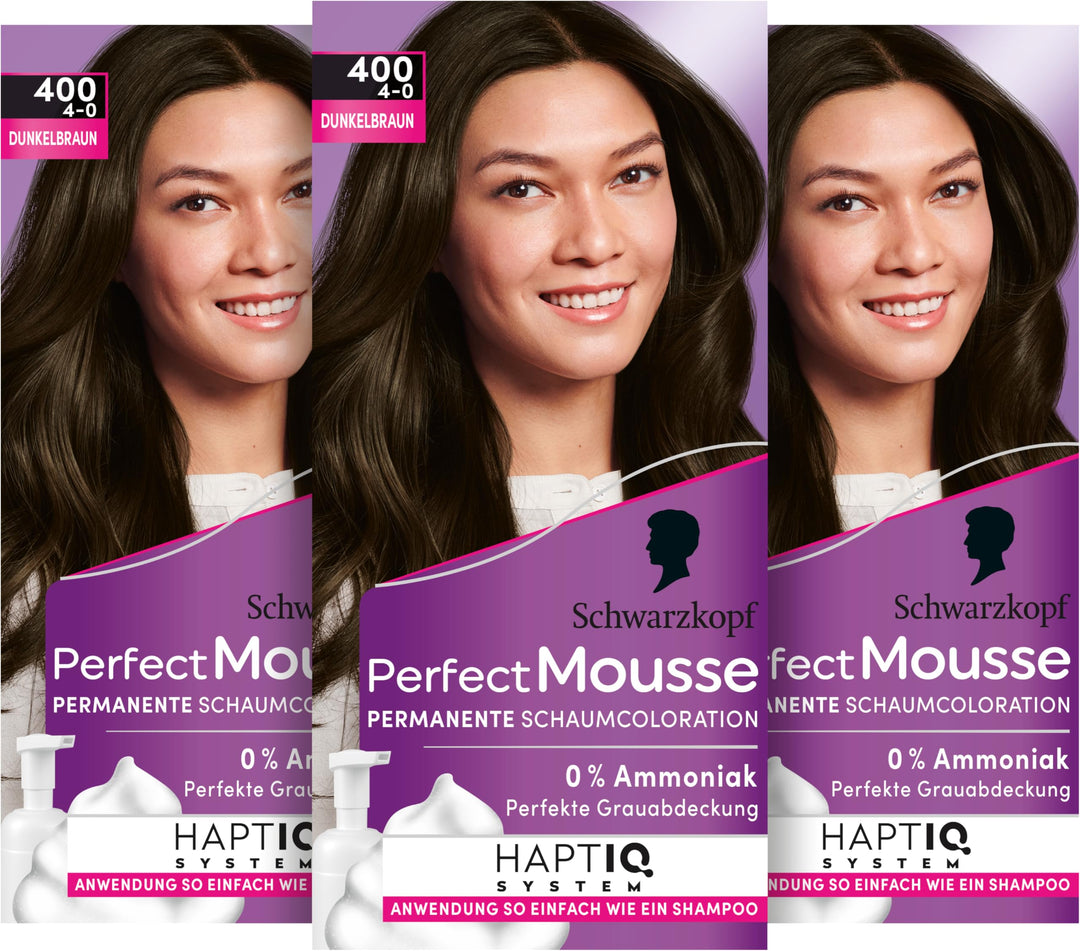 Schwarzkopf Perfect Mousse Permanente Schaumcoloration 400/4-0 Dunkelbraun (3 x 92,5 ml), Haarfarbe