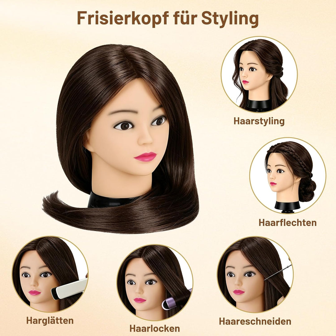 TwoWin 60 cm Trainingsköpfe Friseur, 24 Zoll Frisierkopf mit 80% Echthaar Rotbraun, Rotbraun