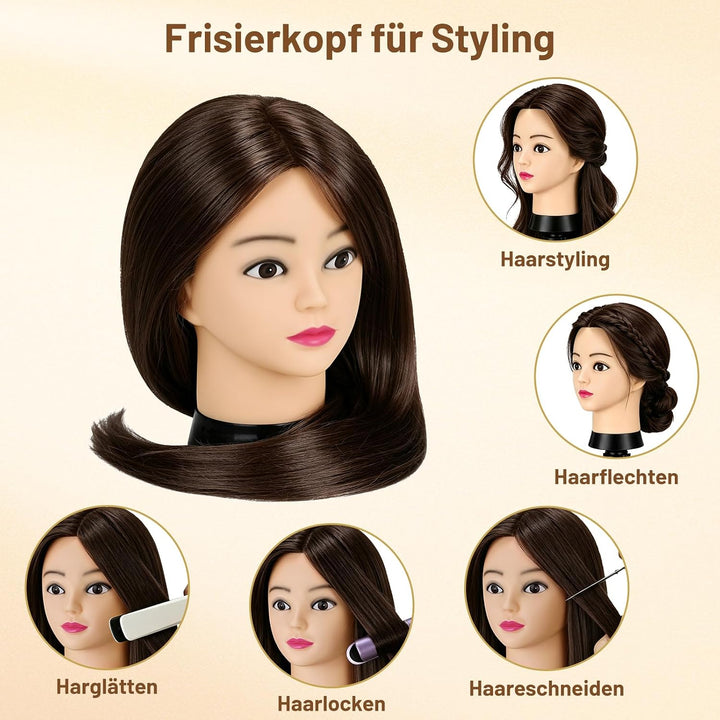 TwoWin 60 cm Trainingsköpfe Friseur, 24 Zoll Frisierkopf mit 80% Echthaar Rotbraun, Rotbraun