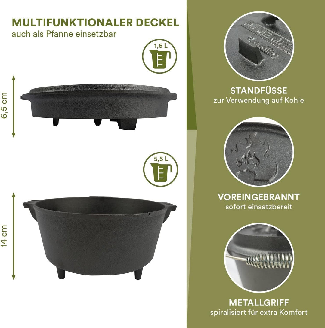 Skandika Dutch Oven Flame Master 7,1 L | Gusseisen Topf zum Kochen, inkl. Rezeptbuch der Sauerländer