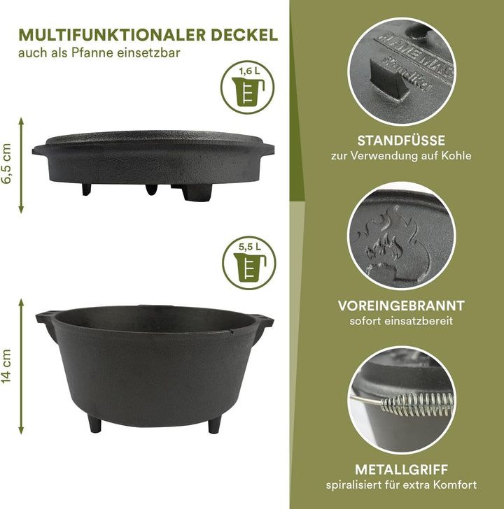 Skandika Dutch Oven Flame Master 7,1 L | Gusseisen Topf zum Kochen, inkl. Rezeptbuch der Sauerländer