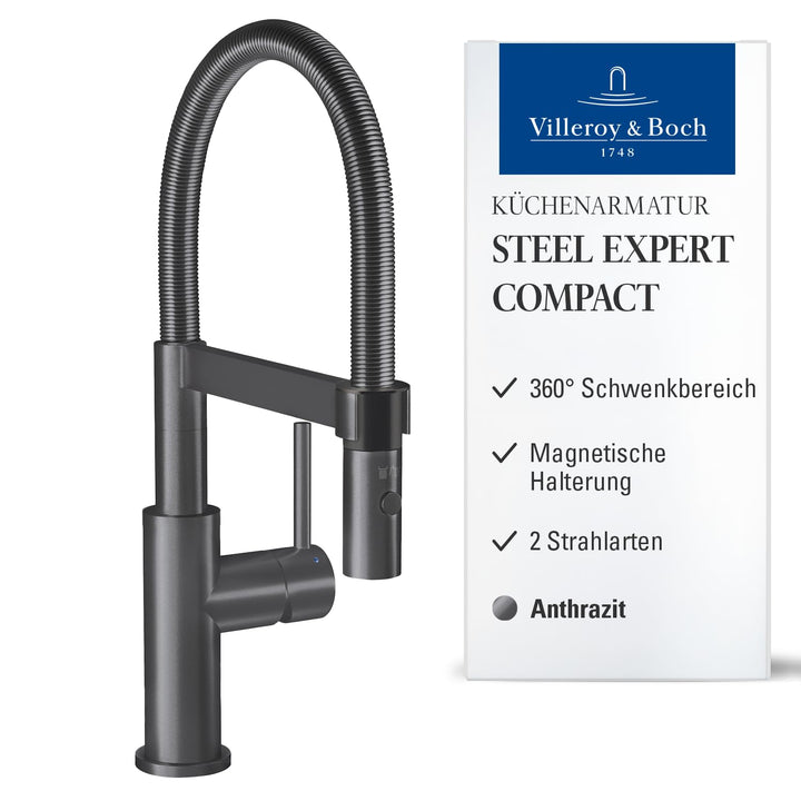 Villeroy &amp; Boch Steel Expert Compact | Hochdruck | Einhand-Küchenarmatur mit schwenkbarem Auslauf un